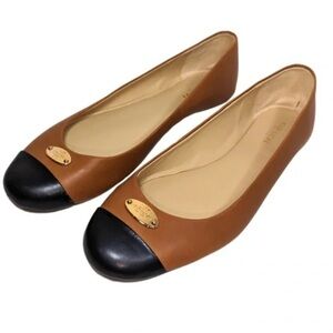 🤎🖤 Coach Flats Ashley Tan Black Cap Toe Leather Ballet Sz 6.5 Luxury Preppy Chic